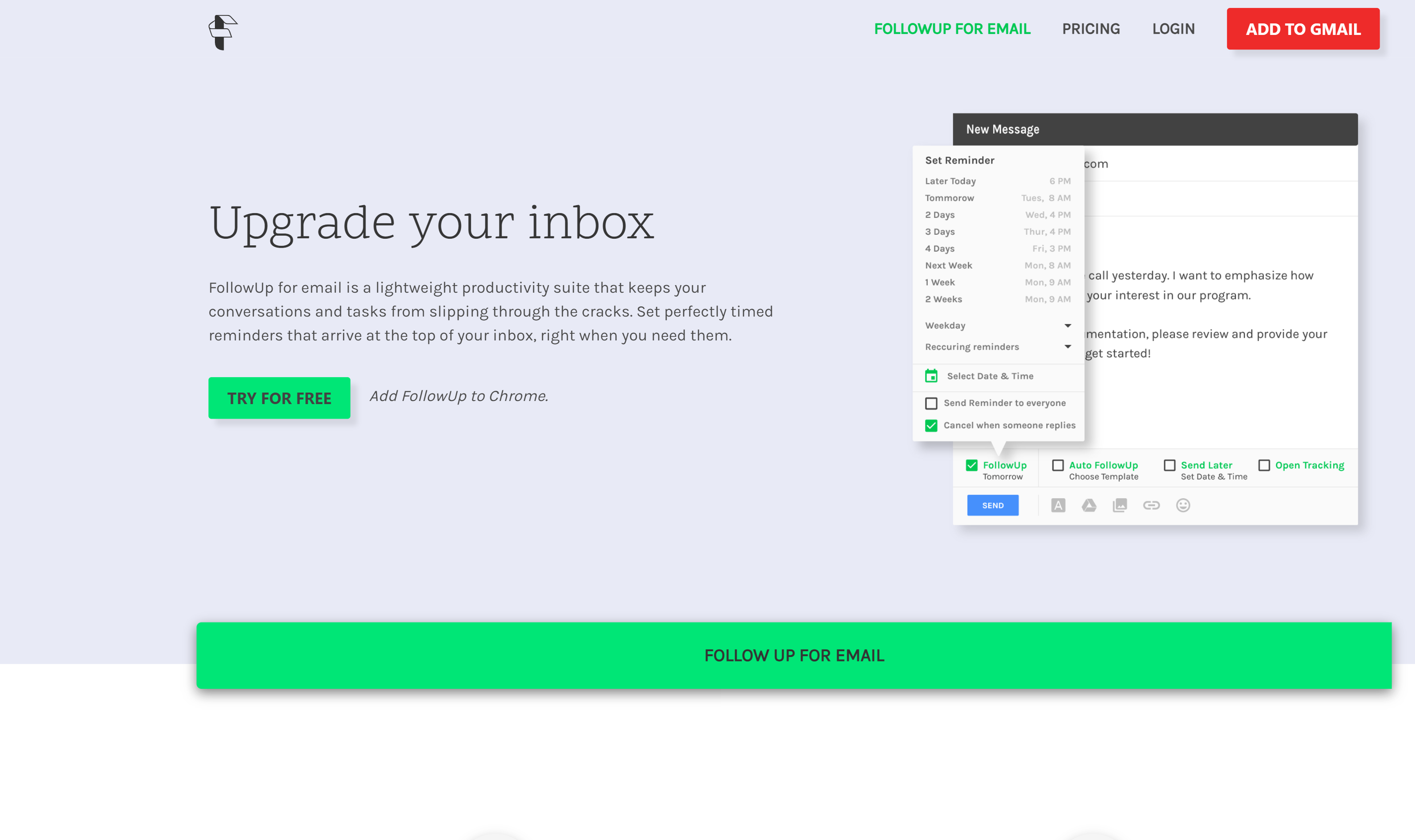 FollowUp.cc email follow-up tool homepage with pricing plans and features.