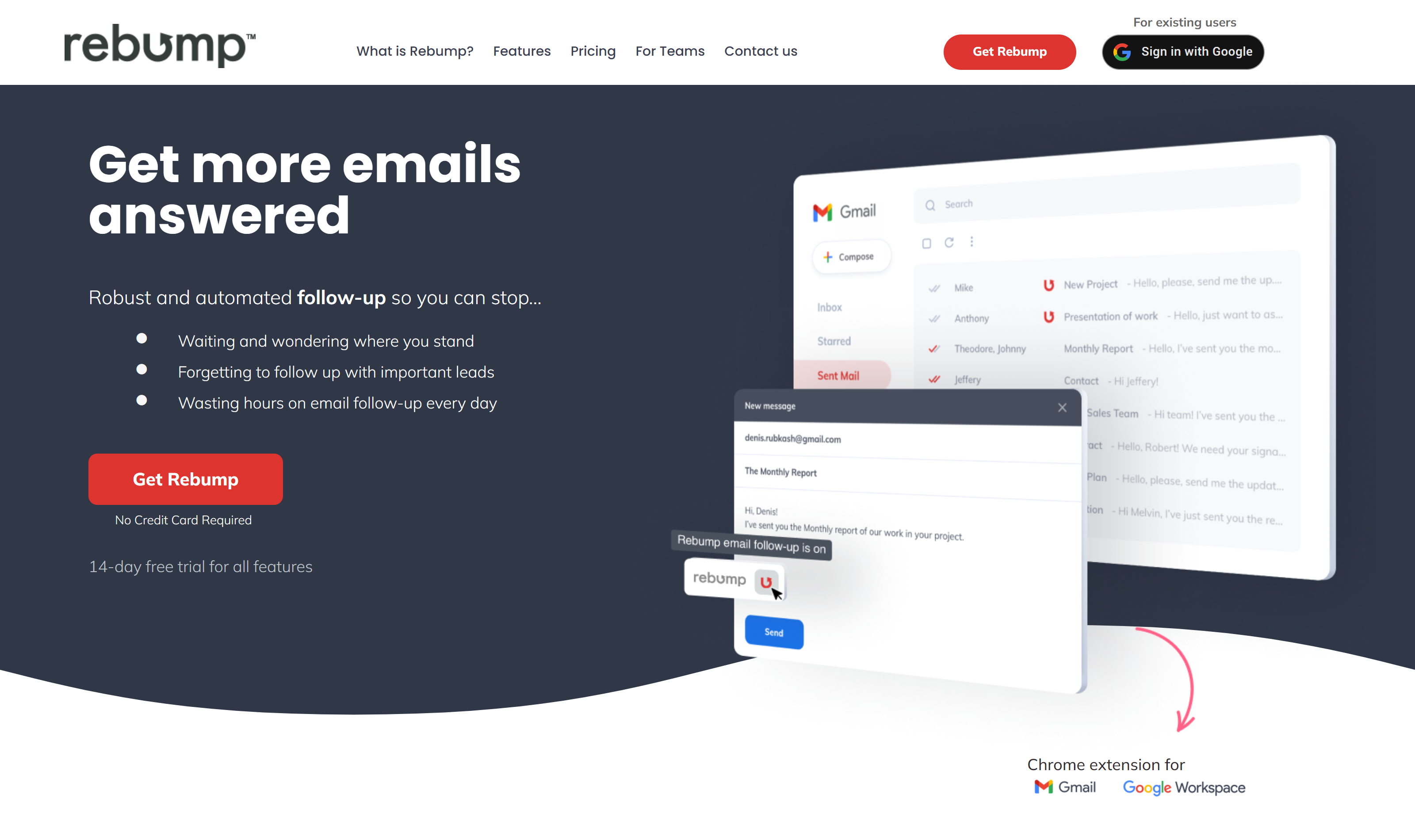 Rebump email follow-up tool homepage with features, pricing, and free trial offer.