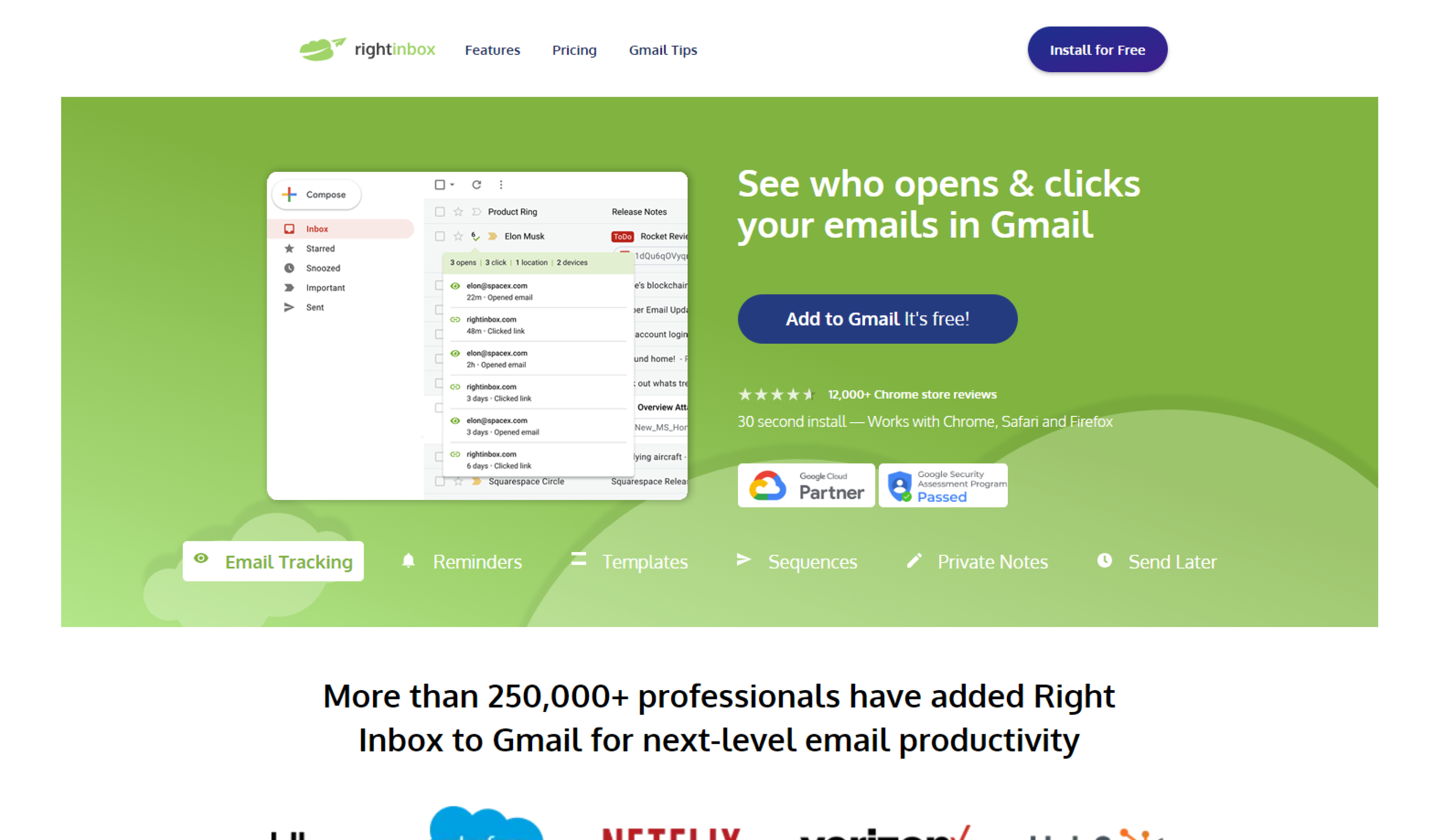 RightInbox email tracking tool homepage with features, pricing, and free trial offer.